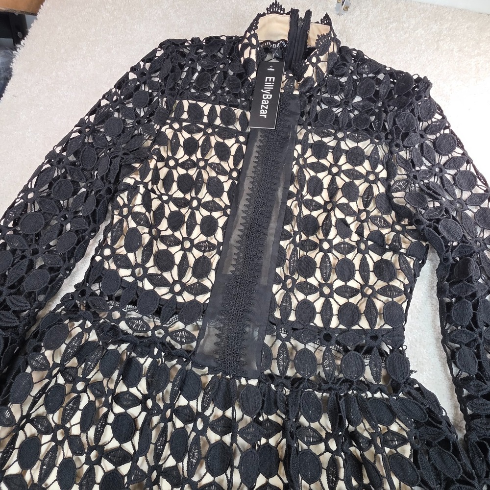 EillyBazar A-Line Dress Womens L Black Stand Collar Lace Hollow Bell Sleeve NWT